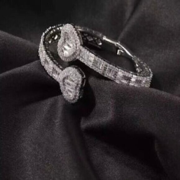 Iced Out Bling Opened Heart Zircon Charm  Silver Rhinestone Bracelet - Picture 6 of 10